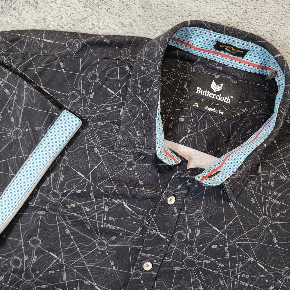 Buttercloth Shirt Men 2XL Black Geometric Flip Cuff Robert Herjavec Short Sleeve